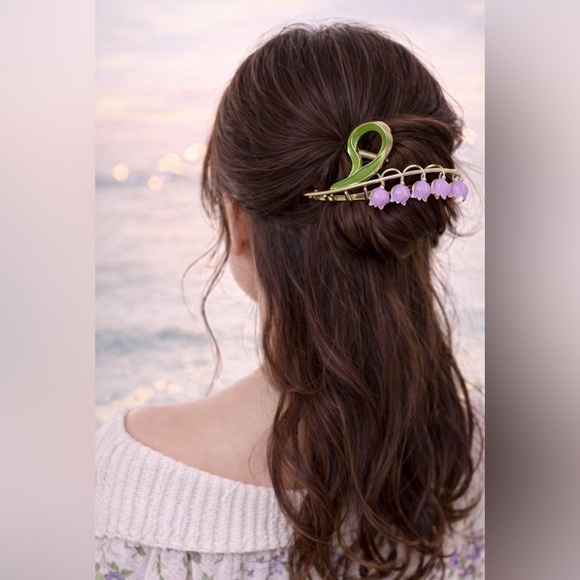 Vintage Lily of the Valley Gold Tone Floral Barrette Lavender Hair Clip main image 4